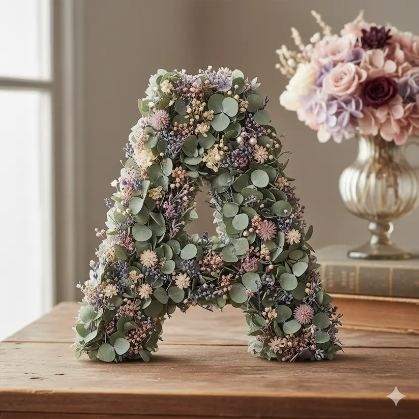 letra decorada con flores preservadas