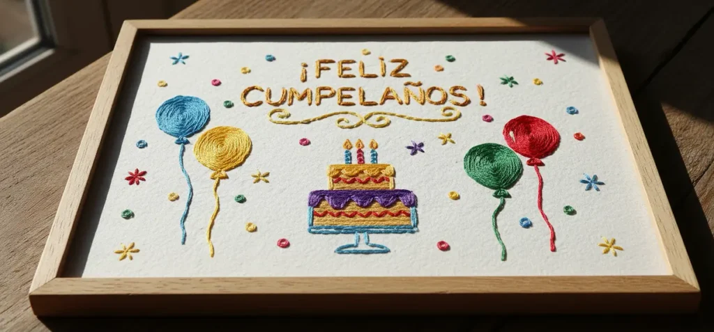felicitación de cumpleaños hecha con la tecnica de bordado sobre papel