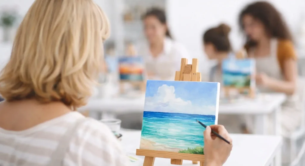 Mujeres pintando un cuadro en un taller de pintura
