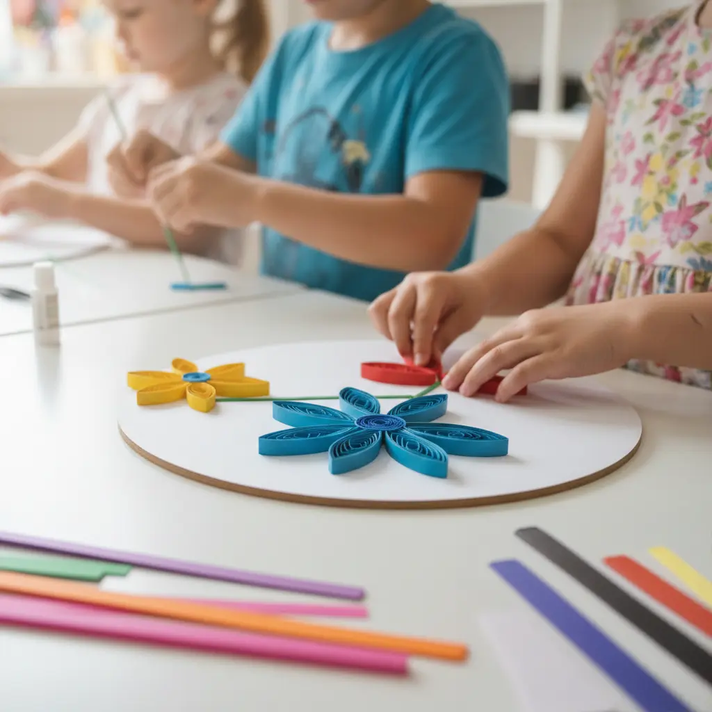 niños creando flores con la técnica del quilling