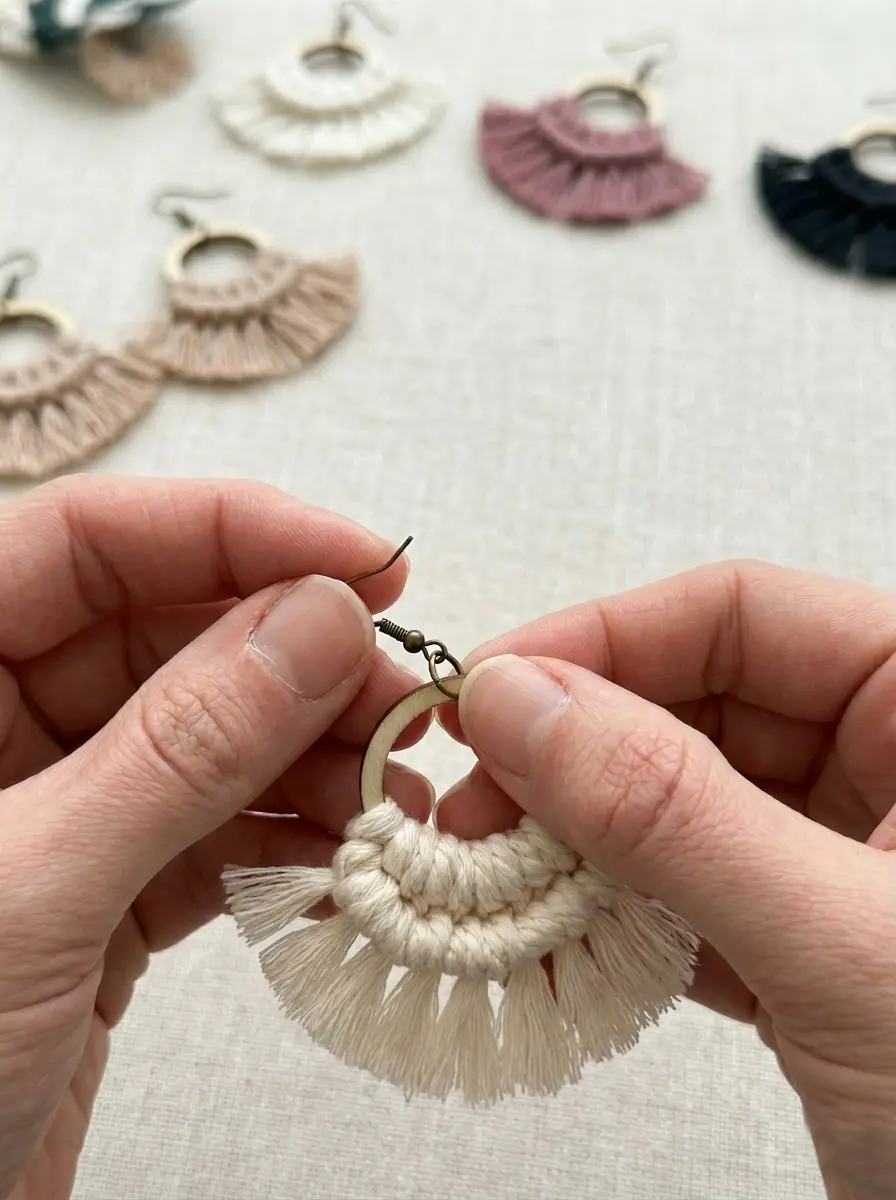manos creando pendientes de macramé - manos
